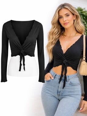 Laslulu | Black Long Sleeve Wrap Tie Top | Stretch | Cropped | Size M